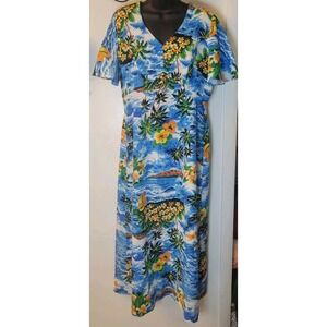 Vintage Royal Hawaiian Polynesian Tiki Flutter Sleeve Maxi Dress